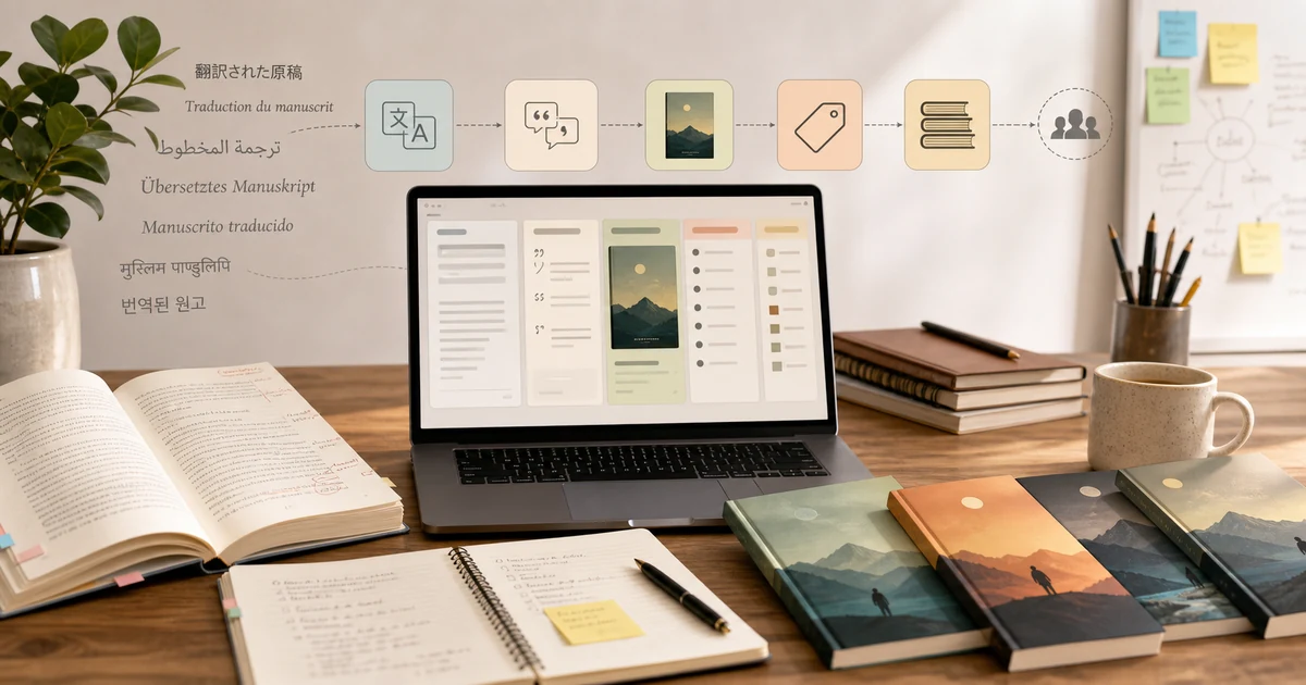 A modern indie publishing desk with manuscripts, book covers, and multilingual publishing workflow screens.