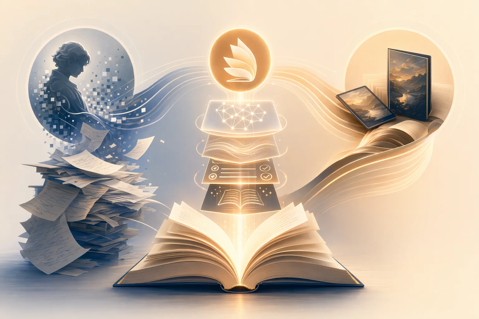 Abstract editorial illustration of manuscript pages moving through layered AI translation refinement into a polished book