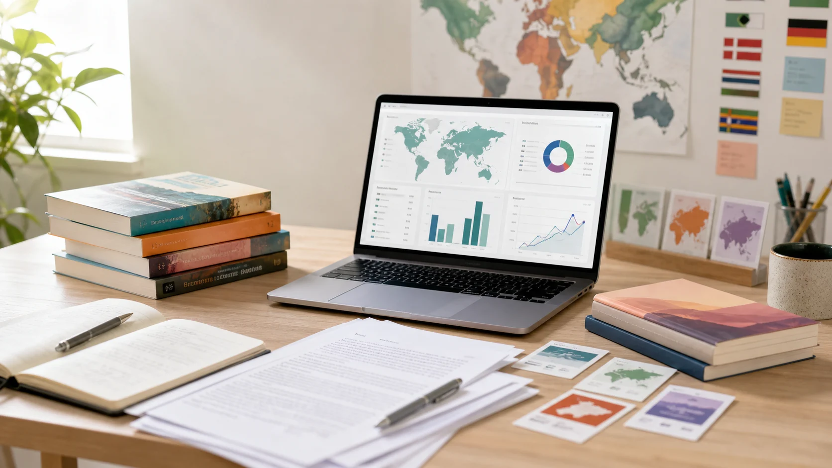 An author workspace with books, manuscript pages, and an international publishing research dashboard on a laptop.