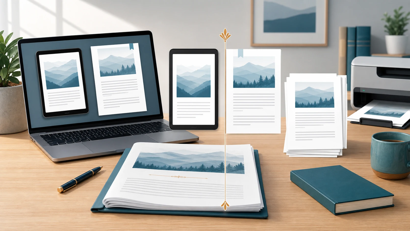 Author workspace with ebook, document, and print-ready manuscript previews for translated book files.