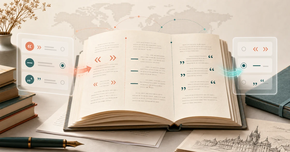 Open manuscript showing guillemets, dialogue dashes, and a punctuation conversion interface.