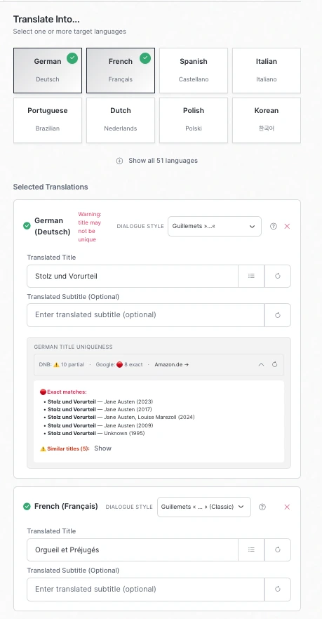 Language selection panel with German title uniqueness check