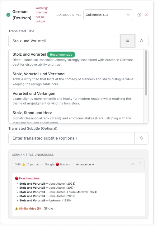 German title options for Pride & Prejudice showing the title is not unique