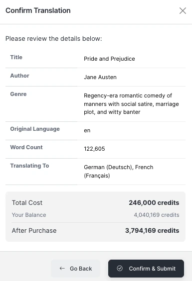 Submission summary showing languages, titles, and credits