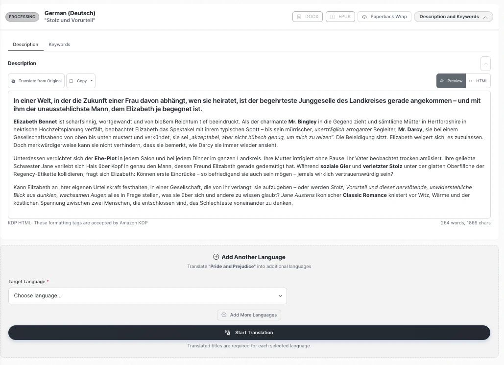 German book description on the translation job page