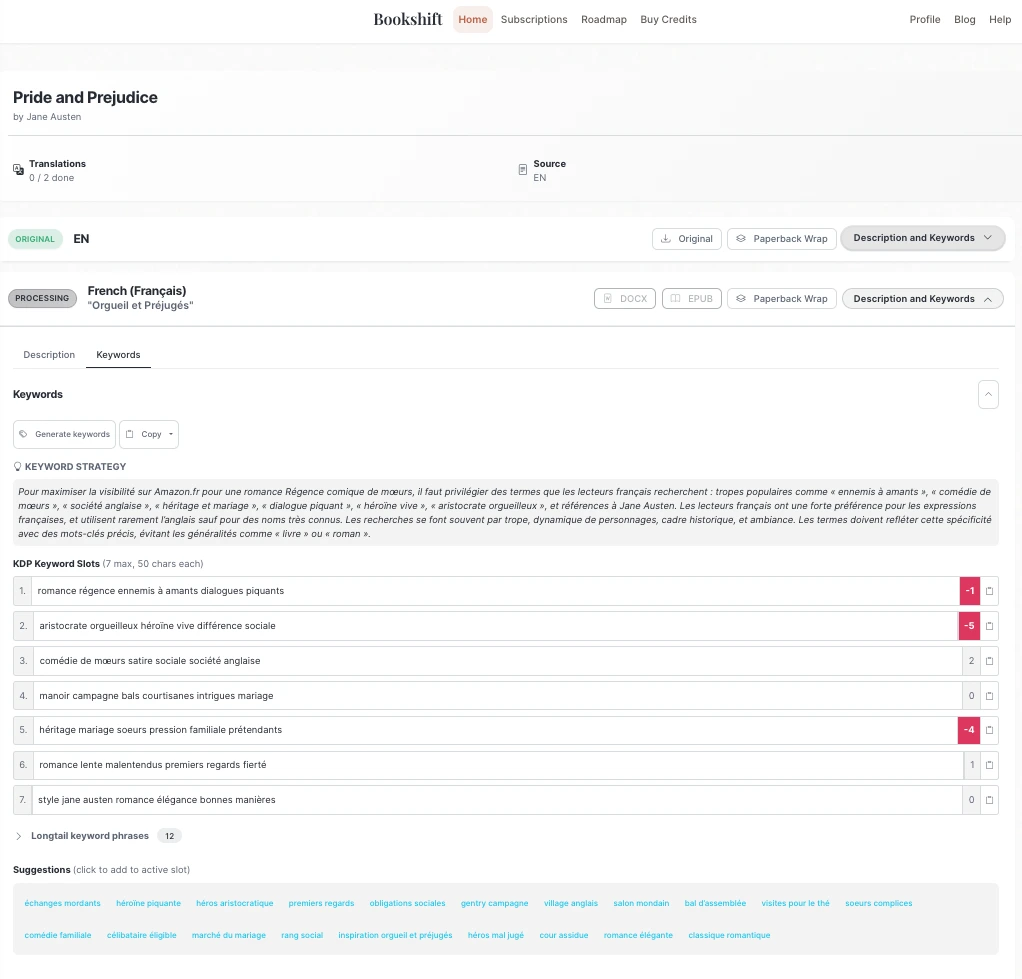 French keywords on the translation job page