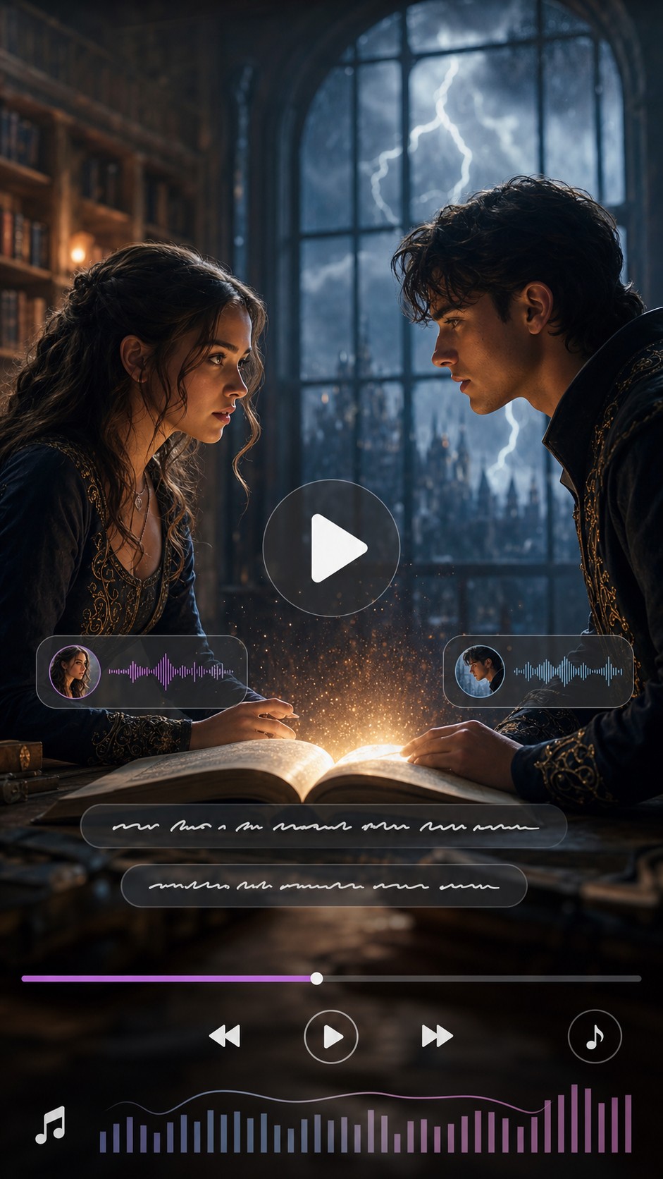 Vertical cinematic book trailer preview with characters, voice cues, subtitles, playback controls, and backing music indicators