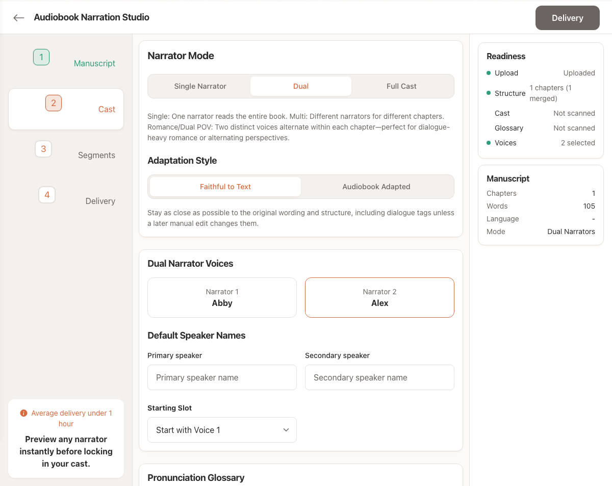 BookShift audiobook narration studio showing narrator mode, cast setup, and production readiness