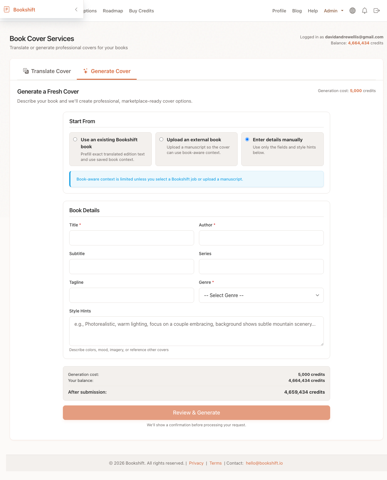 BookShift boekcover tools-interface voor generatie, lokalisatie en paperback wraps