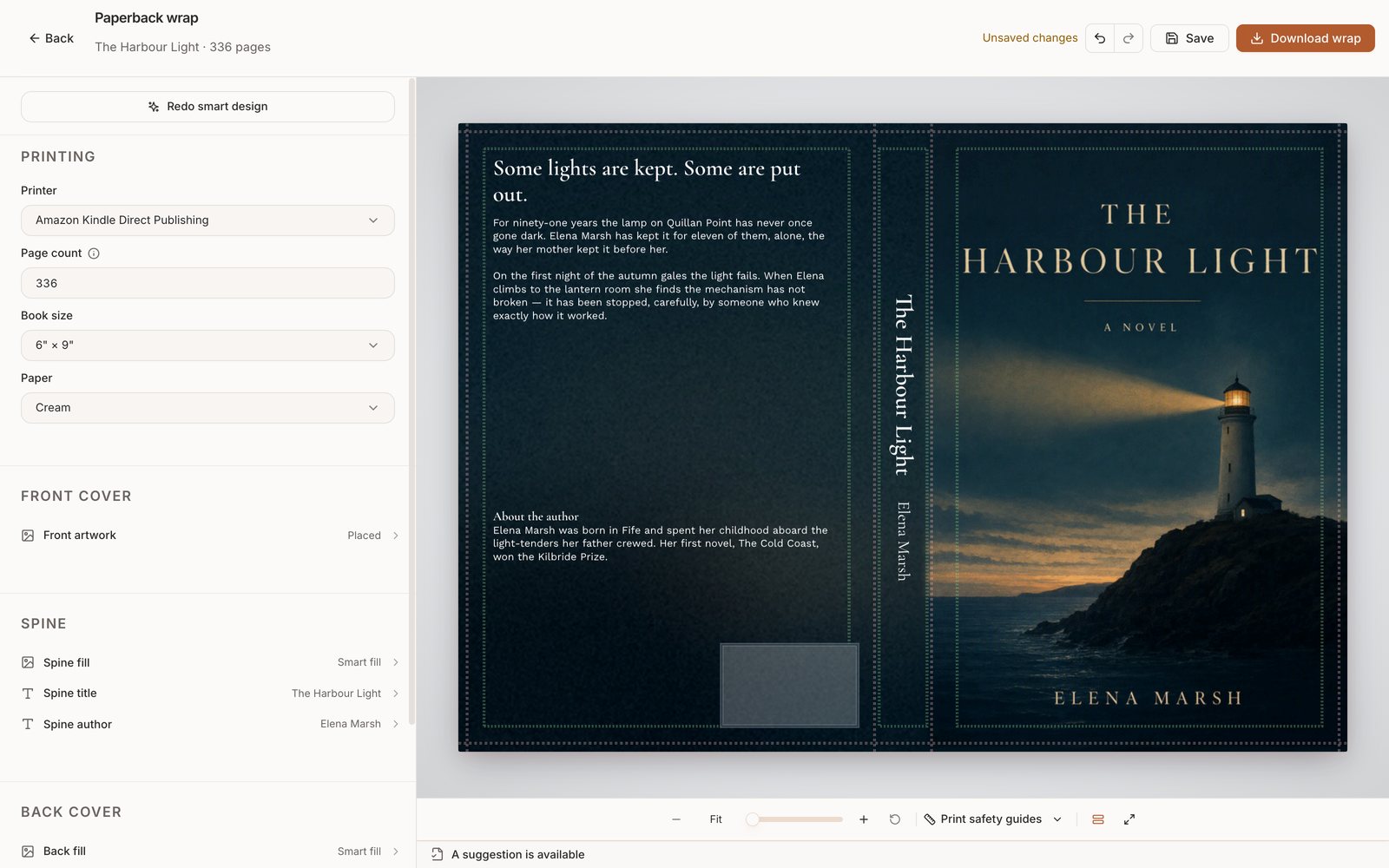 The Bookshift wrap editor with print safety guides switched on: the cover controls on the left, and the full wrap on the right showing the bleed and trim lines, the two spine folds, and the barcode area kept clear in the corner of the back cover.