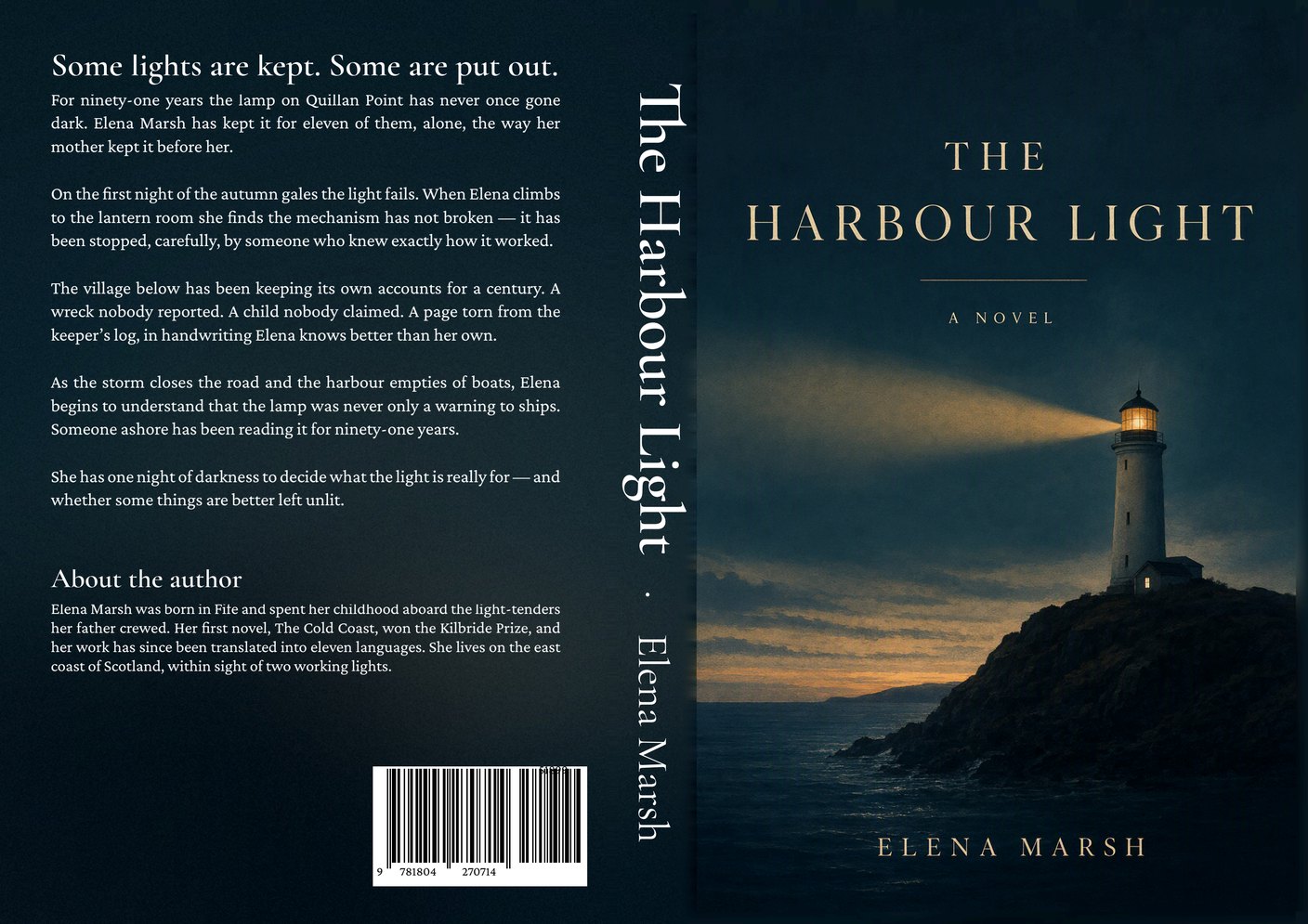 A finished paperback wrap laid flat: the back cover carries the blurb and author biography with an EAN-13 barcode in the lower corner, the printed spine runs down the middle, and the front cover shows a lighthouse at dusk beneath the title The Harbour Light by Elena Marsh.